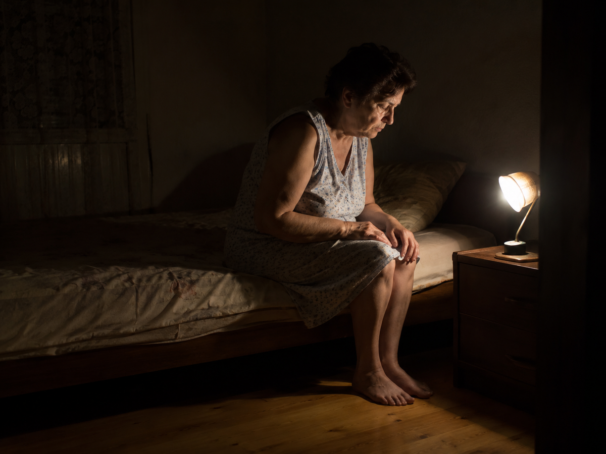 Kobieta 60+ siedzi na lozku rano, trzyma sie za stope, wyraz zmeczenia