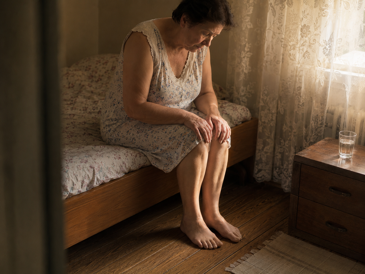 Kobieta 60+ siedzi na lozku rano, patrzy na stopy, wyraz ulgi i zaskoczenia, cieple poranne swiatlo