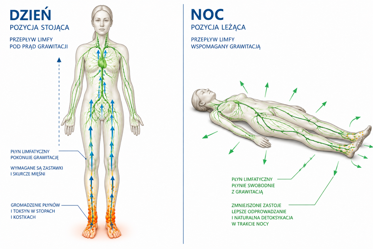 Ilustracja medyczna: przepływ limfatyczny nogi w nocy vs dzien